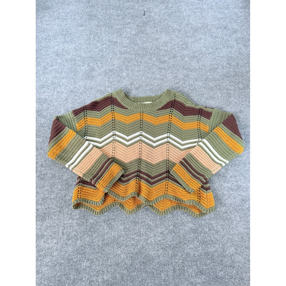 FCT with love Chevron Zigzag Knit Cropped Sweater Olive Mustard Scalloped Large